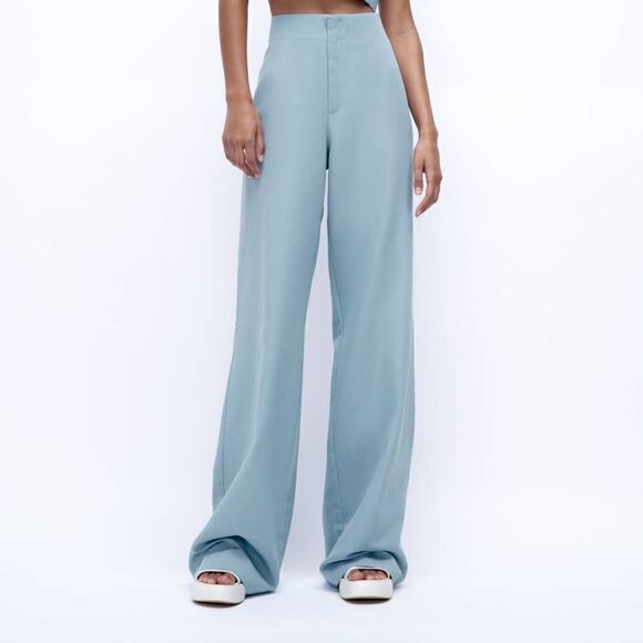 FULL LENGTH LINEN BLEND PANTS MID-BLUE NEW - Picture 1 of 5